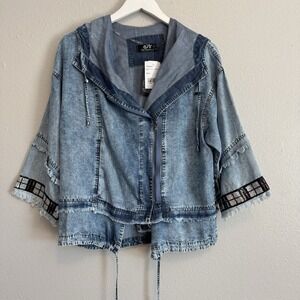 NWT Asli Odyakmaz Sequin Trim Hooded Denim Jacket 100% Tencel Boho Festival Sz 2